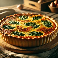DALL·E 2024-11-08 16.35.48 - A realistic, close-up photograph of a freshly baked quiche on a rustic wooden table. The quiche has a golden, flaky crust with visible layers and a ri